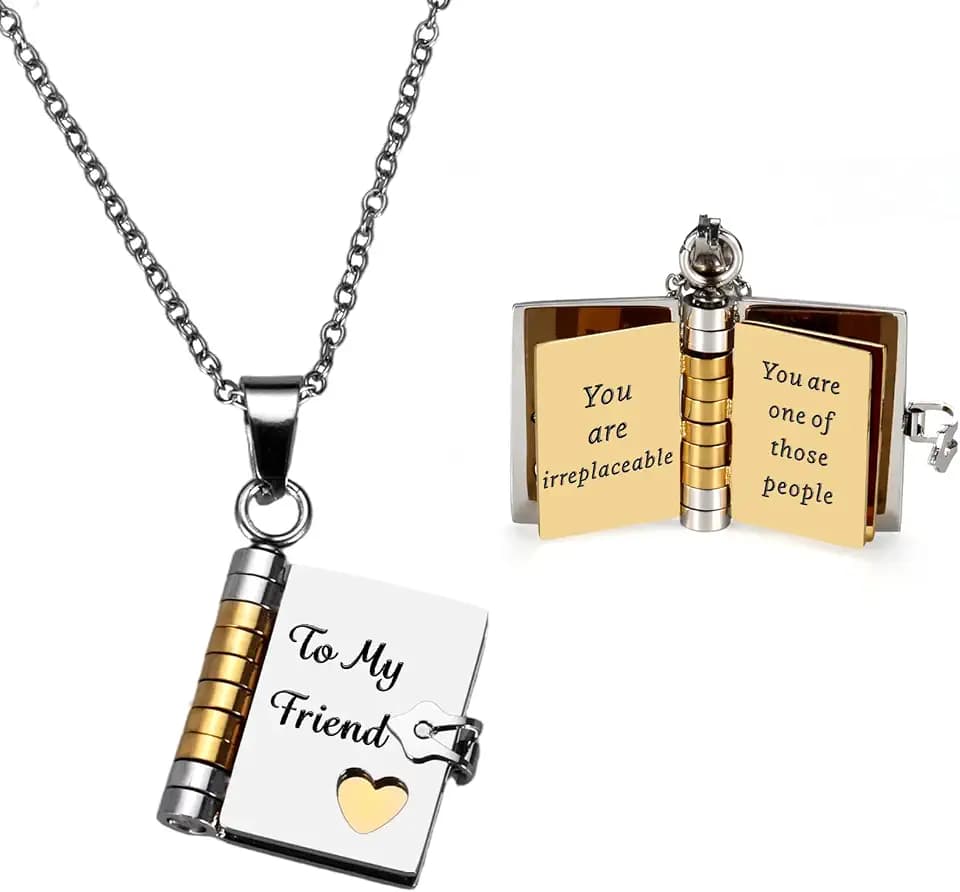 To My Friend Book Necklace Friendship Gifts for Women Men Flip Book Pendant