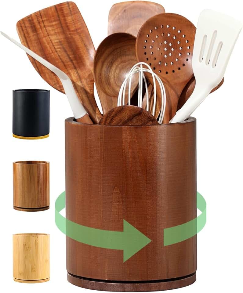 Walnut Utensil Holder, 360° Rotating 7.3 in Kitchen Organizer
