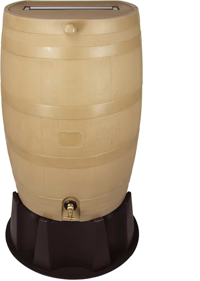 RTS Home Accents 50-Gallon Rain Barrel, Flat Back Rain Water Collection Barrel, Stand Included, Oak Color