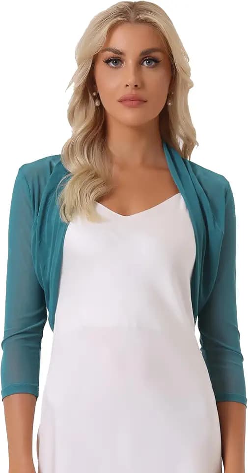 Allegra K Damen Bolero Festlich 3/4 Ärmel Rüschen Mesh Durchsichtig Crop Strickjacke Shrug Boleros