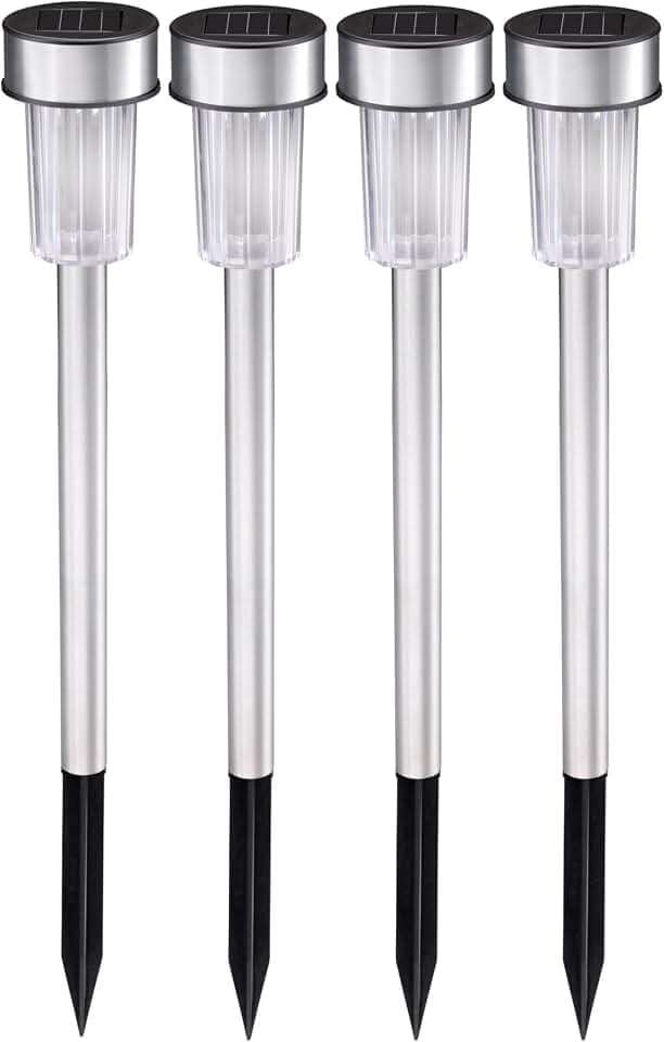 GRUNDIG Solar Gartenleuchten - 4 Stück Solarleuchten für Draußen - Gartenlampen mit Weißem Licht - 6-8 Stunden Batterielebensdauer - IP44 Wasserbeständig - Ø4,8 x 36,5 cm - Edelstahl