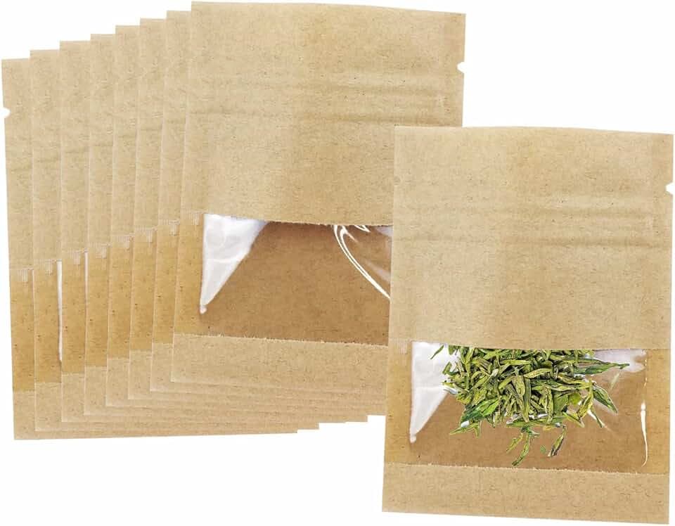 100 PackClear Window Airtight Brown Kraft Paper for Zip Food Storage Lock Small Mini Papar Bags Seed Saving Reclosable Seal Zipper Pouch Coffee Packaging Sample Bags for Small Business 2.75x3.5"