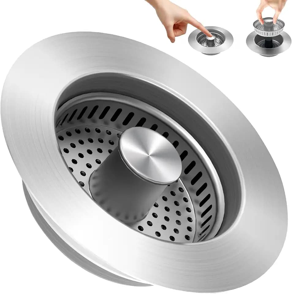 ULIOLI 3-in-1 Abflusssieb für Küchenspüle, Abflusssieb aus Edelstahl, mit Anti-Verstopfungskorb, Küchenspüle, Abflussfilterstopfen für US-Standard 8,9 cm (3 1/2 Zoll) Abfluss (1 Stück)