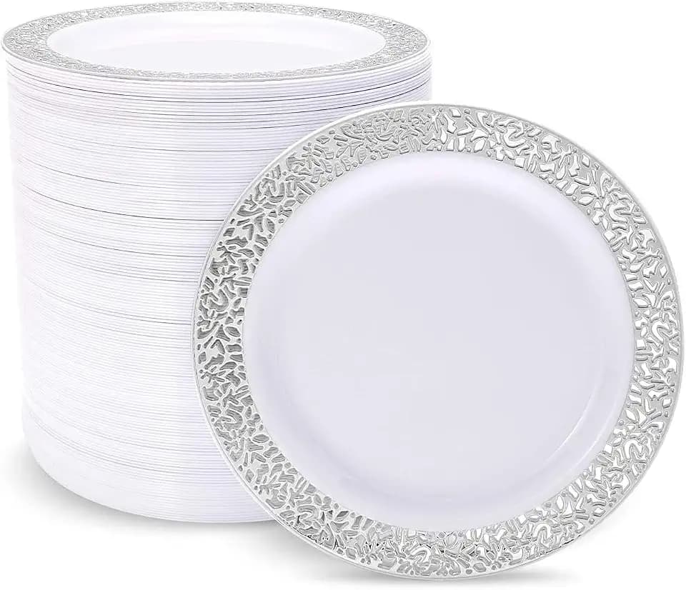 supernal 100 Pack Elegant White Plastic Plates with Silver Rim for Wedding