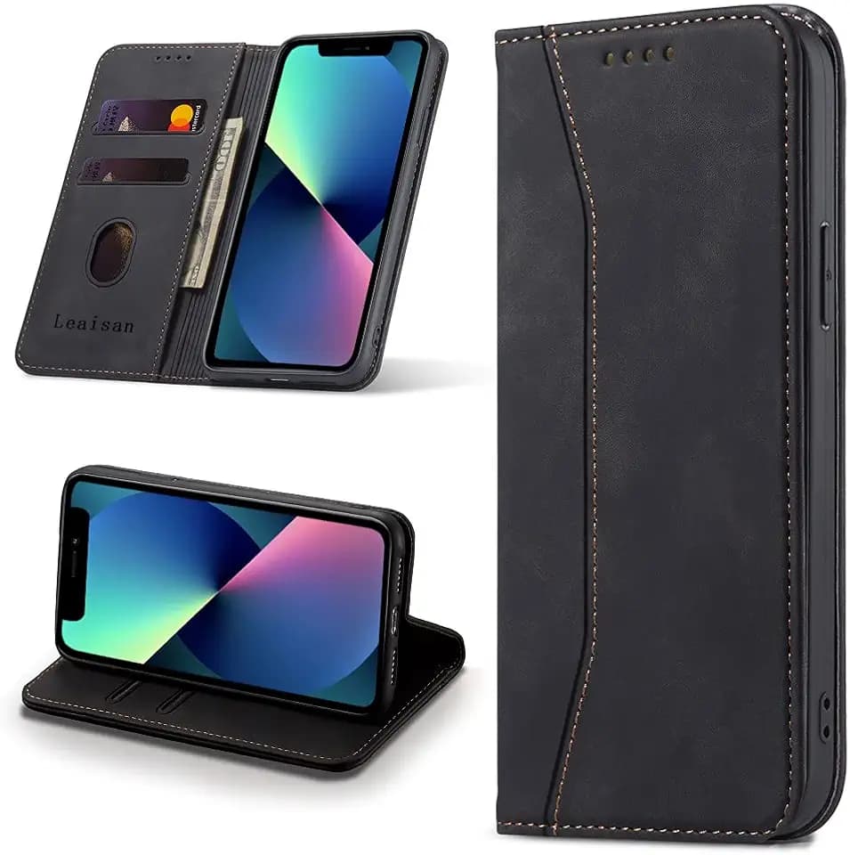 Leaisan Handyhülle für iPhone 13 Hülle Premium Leder Flip Klappbare Stoßfeste Magnetische [Standfunktion] [Kartenfächern] Schutzhülle für iPhone 13 Tasche - Schwarz
