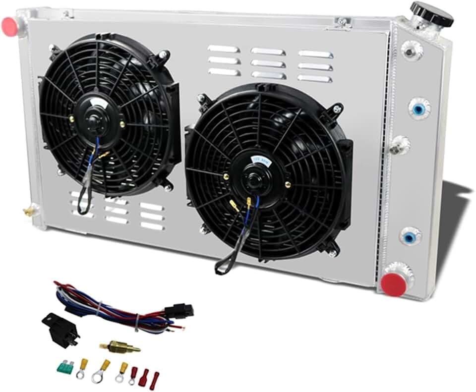 4 Row Aluminum Radiator +2X12" Fan +Shroud&Thermostat Relay Kit for 1973-86 Chevy/GMC C/K Series,1971-90 Caprice,1968-73 Chevelle,72-87 El Camino &More GM Cars - 34" Overall Width