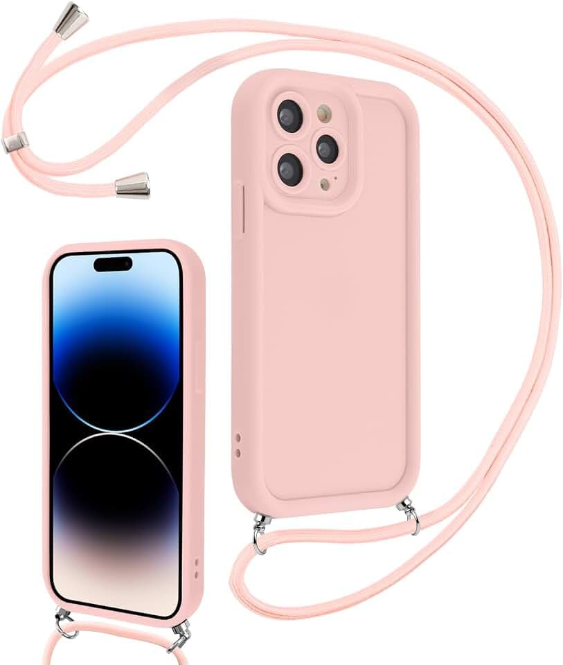 Coalbooliy Handyband für iPhone 14 Pro Hülle 6,1" mit Band, Handyhülle Kameraschutz Weiches Silikon Necklace Stoßfeste Schutzhülle mit Kordel zum Umhängen Cover für Mädchen Frauen, Rosa