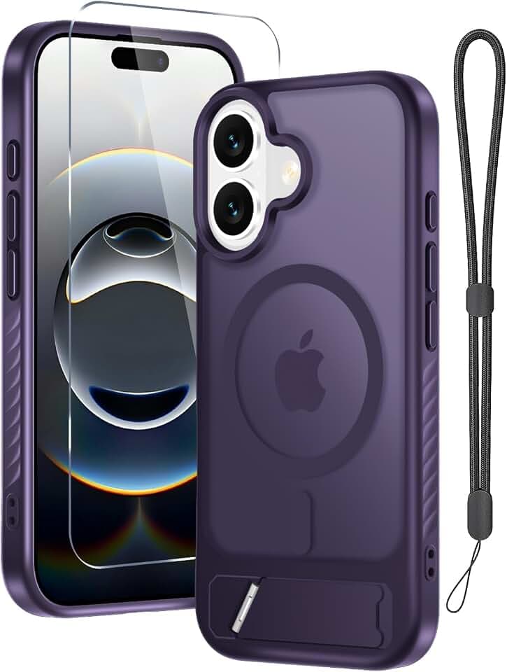 for iPhone 16 Case with Screen Protector+Lanyard Wrist Strap,Magnetic Translucent Matte Rugged Slim Phone Cover Built in Invisible Kickstand [Fit for MagSafe],Purple