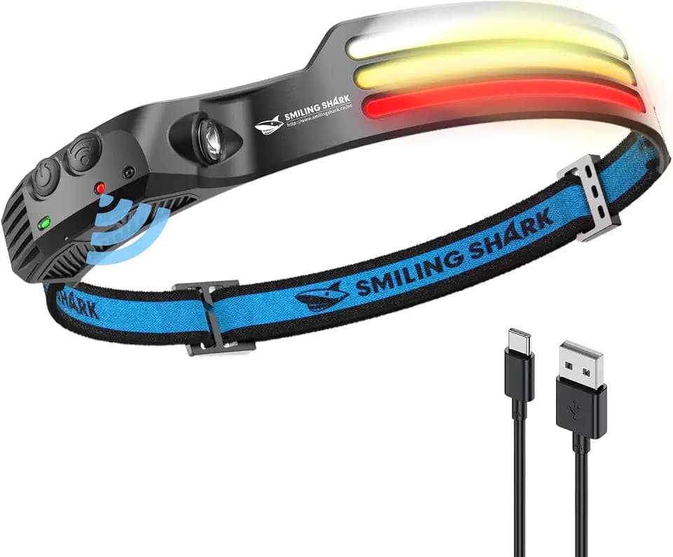 Smiling Shark Stirnlampe, 230°Wide Angle 3*Farben LED-Streifen die Hellste Headlight Wiederaufladbar mit Wasserdichte Kopflampe Camping Joggen Angeln, Stirnlampe-LED-Headlight-Camping-Kopflampe