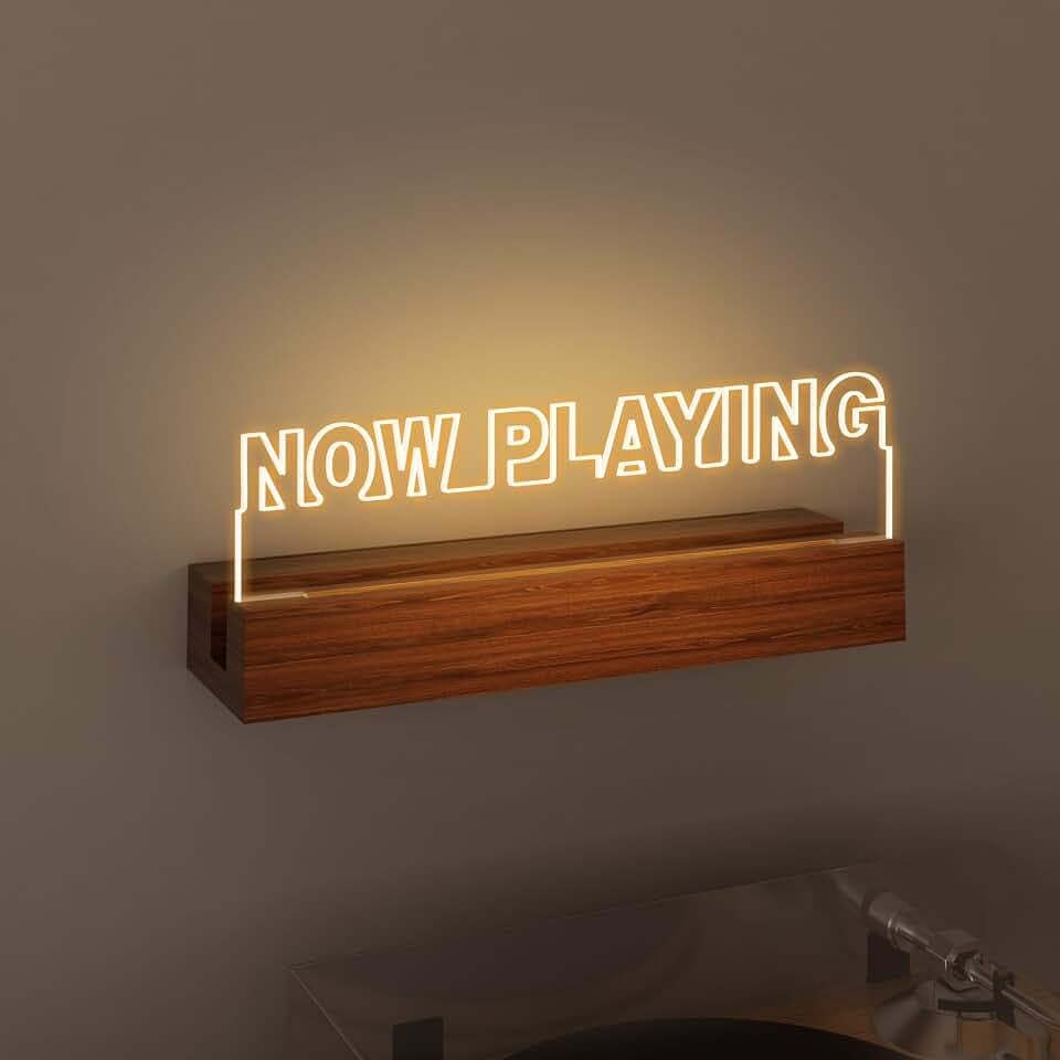 CoolGift Mart Now Playing Vinyl Plattenständer Wandhalterung, beleuchteter Plattenhalter, Holz-Acryl-Display mit warmen weißen Lichtern für Alben, Raumdekoration, für Vinyl-Liebhaber