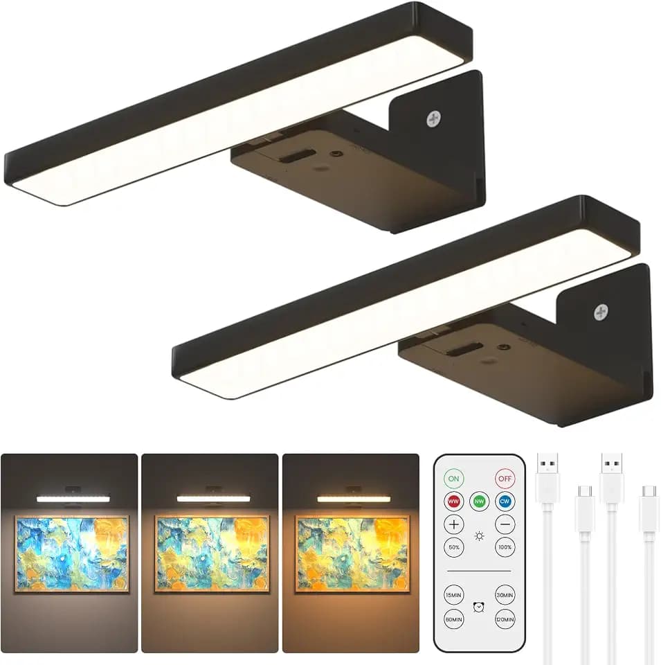 2 Stück Bilderleuchte Kabellos, LED Wandleuchte Innen mit Fernbedienung, 3500mAh Akku Bildbeleuchtung mit Timer, Dart Beleuchtung, 3 Farbmodi Dimmbare Wandlampe für Malen Foto Art, Schwarz