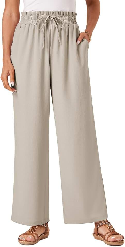 Glacspyg Damen Hosen Casual Flowy Wide Leg Freizeithose High Waisted Kordelzug Palazzo mit Taschen