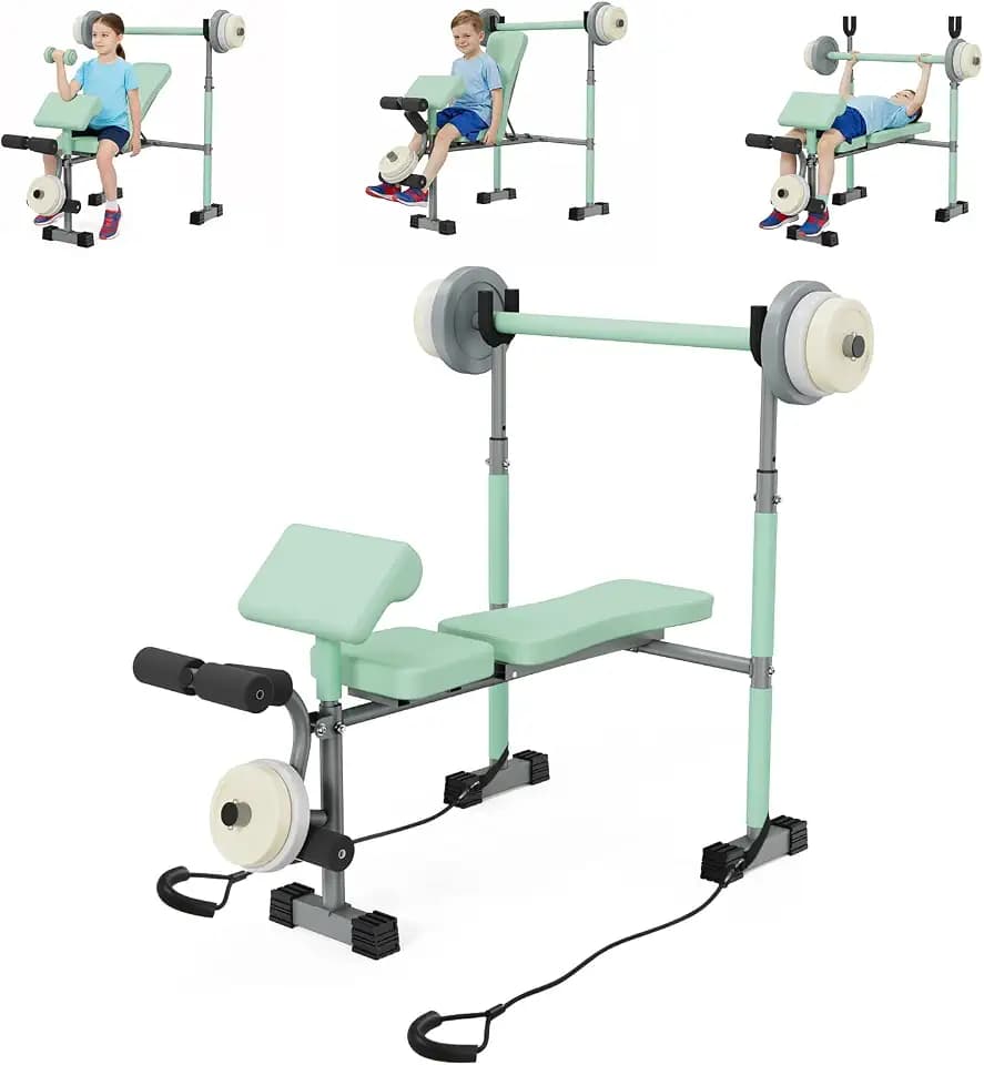Kids Workout Equipment, Adjustable Kids Workout Bench with Preacher Pad & Leg Developer, Fillable Weight Plates for Home Gym Fitness & Exercise