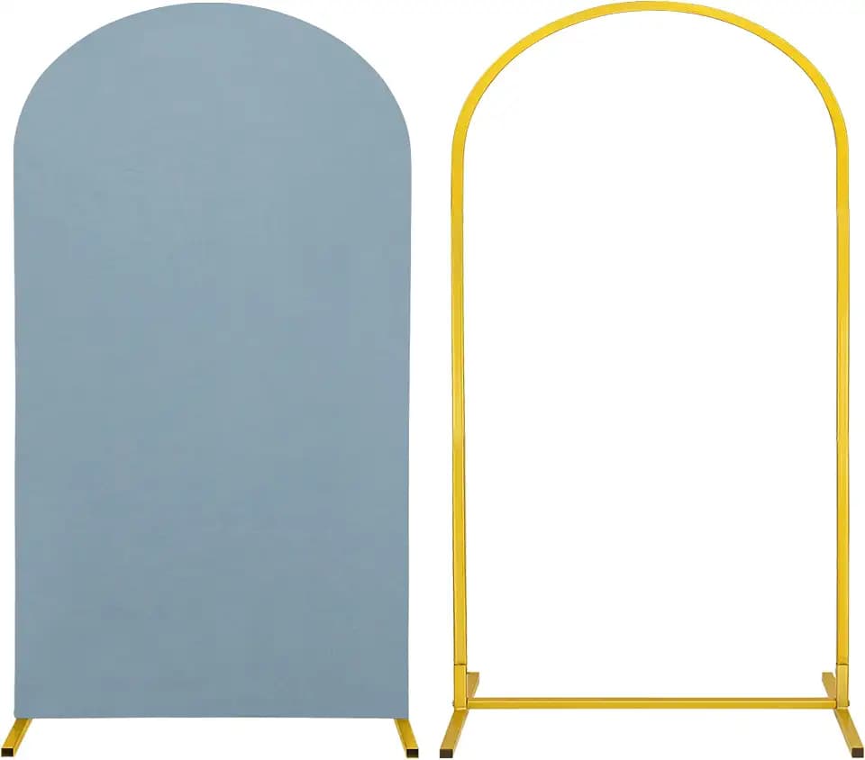 Metal Arch Stand and Cover Set,1 Dusty Blue Spandex Fitted Backdrop with 1 Gold Wedding Arched Stand Frame for Parties Birthday Baby Shower Bridal Banquet Decoration (7.2FT)