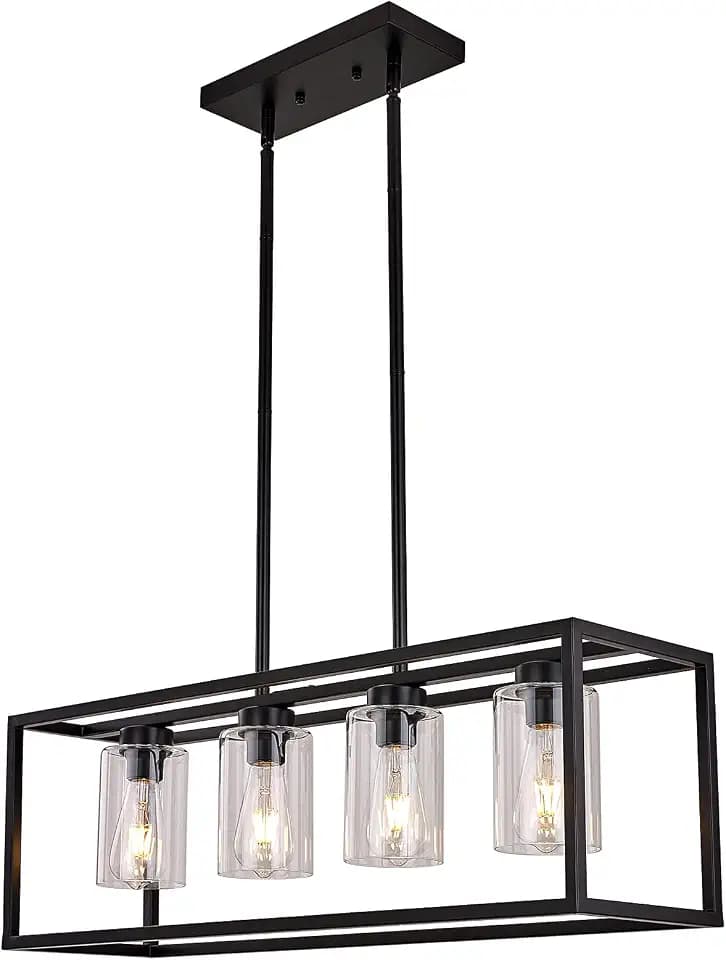 XILICON Black Dining Room Chandeliers Lighting Fixture Linear Pendant Modern 4-Light with Glass Shades Vintage Farmhouse Ceiling Light Hanging for Kitchen Island Cafe Bar