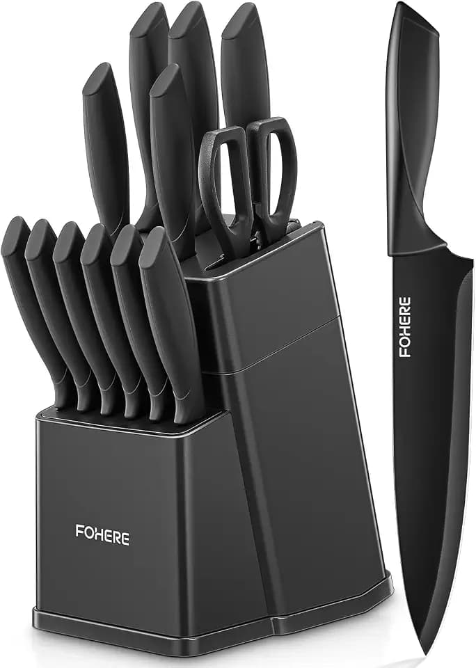 FOHERE Messerblock mit Messerset, Edelstahl Messerset mit Integriertem Schärfer, 13-teilig, Scharfe Küchenmesser Set mit Antihaftbeschichtung, Ergonomischen Griffen, Grau Matt