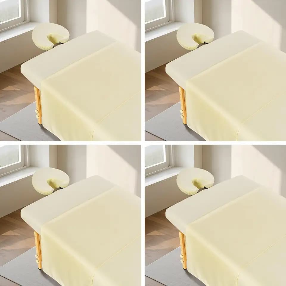FAHKNS 4 Sets Premium Microfiber Massage Table Sheets Set, 3 Piece Set Ultra-Light Massage Table Cover, Soft Massage Sheets Sets Include Flat Sheet, Fitted Sheet, and Massage Face Rest Cover, Beige