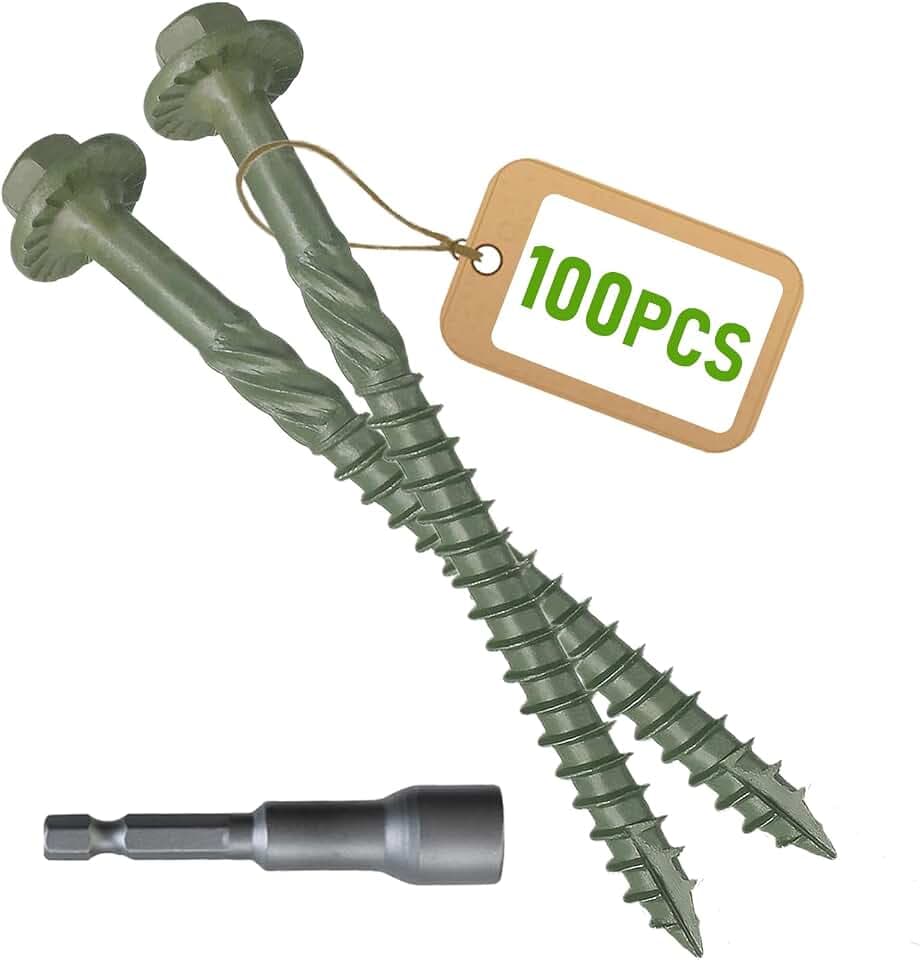 [Pack of 100] #14 x 4 Wood Structural Screws, Green Coated Heavy Duty Hex Head Timber/Log/Landscaping Wood Screws, Rust Resistant, Hex Socket Included