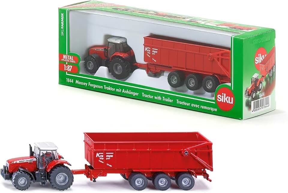 Siku 1844, Massey Ferguson Traktor mit Anhänger, 1:87, Metall/Kunststoff, Rot, Kippbarer Anhänger