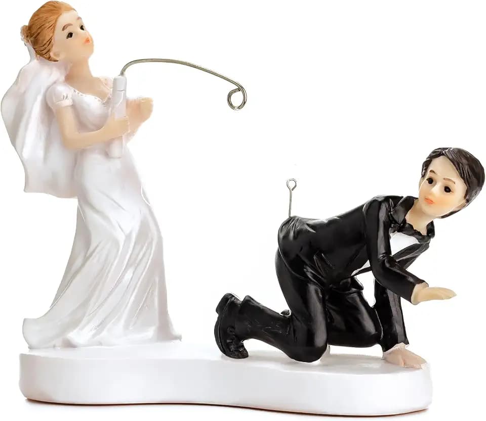 Tortenfigur Hochzeit 13cm - Brautpaar Figuren mit Angel - Hochzeitstorte Deko Tortendeko Tortenaufsatz Cake Topper - Hochzeitsdeko Torte - Hochzeitstortenfiguren Weiß Schwarz