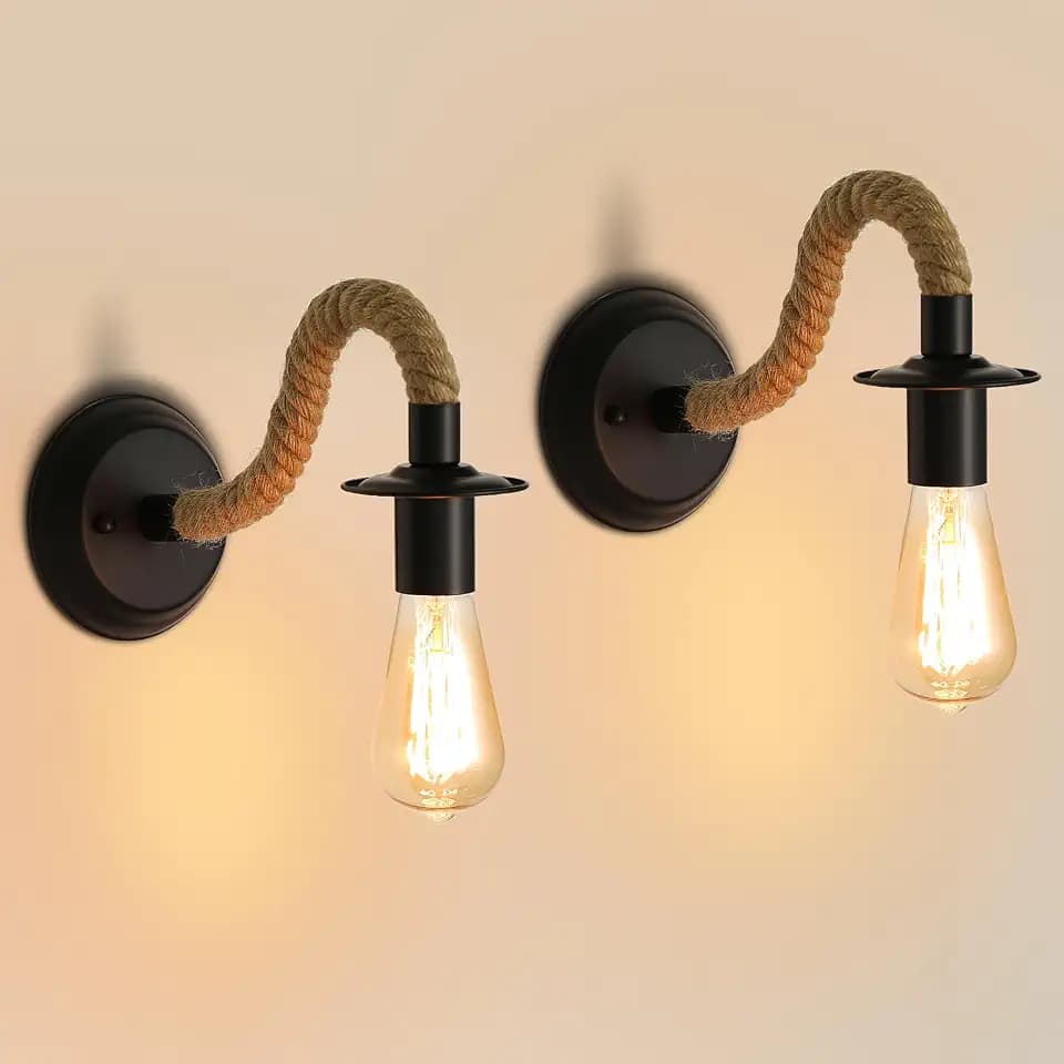 Comely 2 Stück Wandleuchte Retro, Wandlampe aus Hanfseil Schwarz E27, Industrial Wandleuchte Innen für Schlafzimmer, Wohnzimmer, Treppen, Flur (ohne Leuchtmittel)
