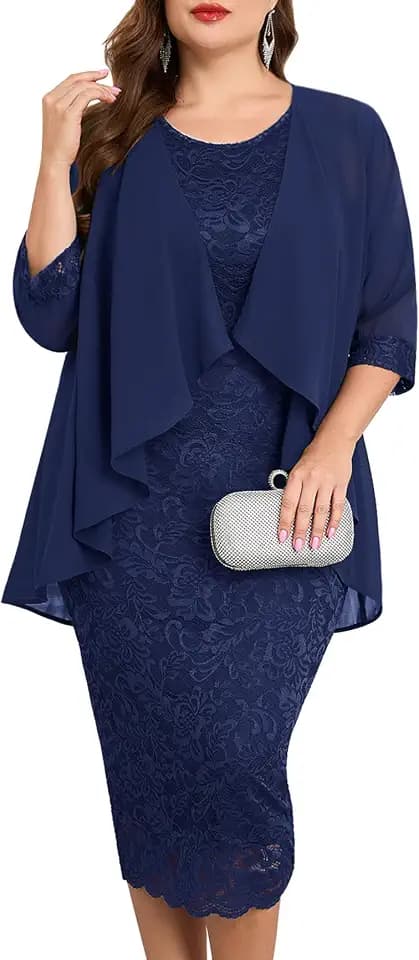 CYCLAMEN Plus Size Formal Mother of The Bride Groom Dress Suit with Jacket Lace Chiffon 2 Pcs Set Outfit Wedding Guest