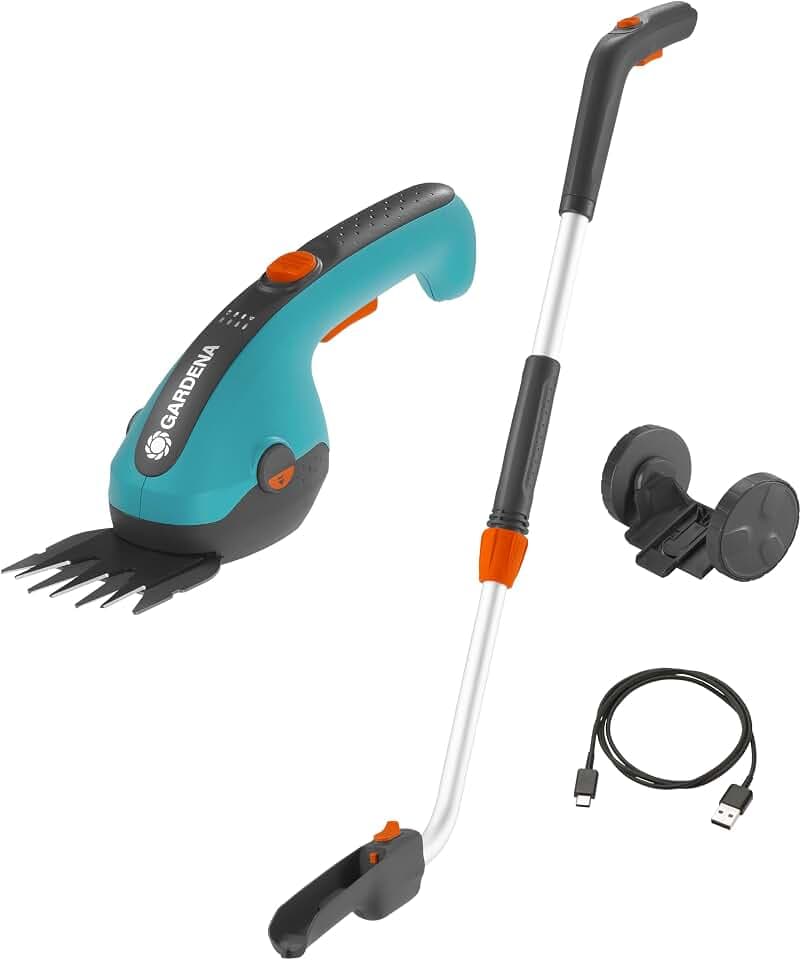 Gardena Set Akku-Grasschere ClassicCut Li: Rasenkantenschere mit 8 cm Schnittbreite und Teleskopstiel mit Rädern, Komforthandgriff mit LED-Ladezustandsanzeige, Messerwechsel ohne Werkzeug (9886-20)
