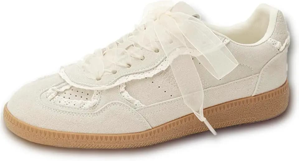 Women's Lace Casual Sneakers Elegant Ribbon Lace Up Fashion Ballet PU Leather Sneakers Trendy Casual Walking Shoes for Women