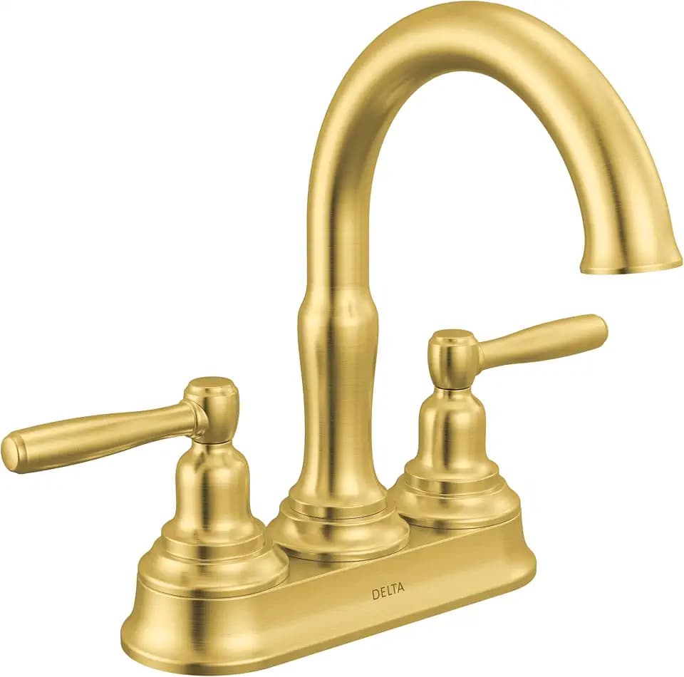 Delta Roe Centerset Brushed Gold Bathroom Faucet, 4 Inch 3 Hole Bathroom Sink Faucet for Vanity, Push-Pop Drain Assembly, Brushed Gold 25985LF-GB