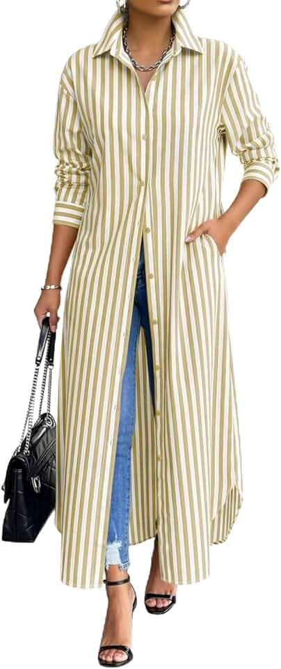 Choichic Shirt Dresses for Women Button Down Striped Maxi Dress Cover Up