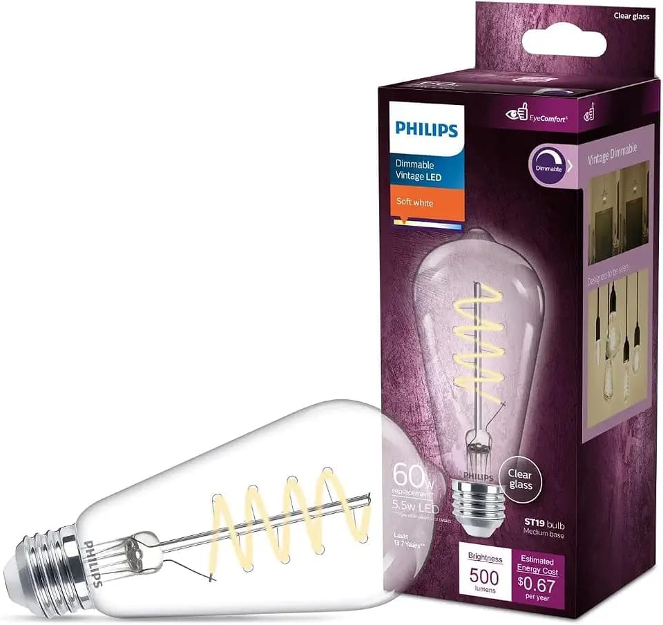 PHILIPS LED Vintage Flicker-Free Clear Spiral ST19 Dimmable, Eyecomfort Technology, 500 Lumen, Soft White(2700K), 5.5W=60W, Title 20 Certified, E26 Base, 1-Pack (565838)