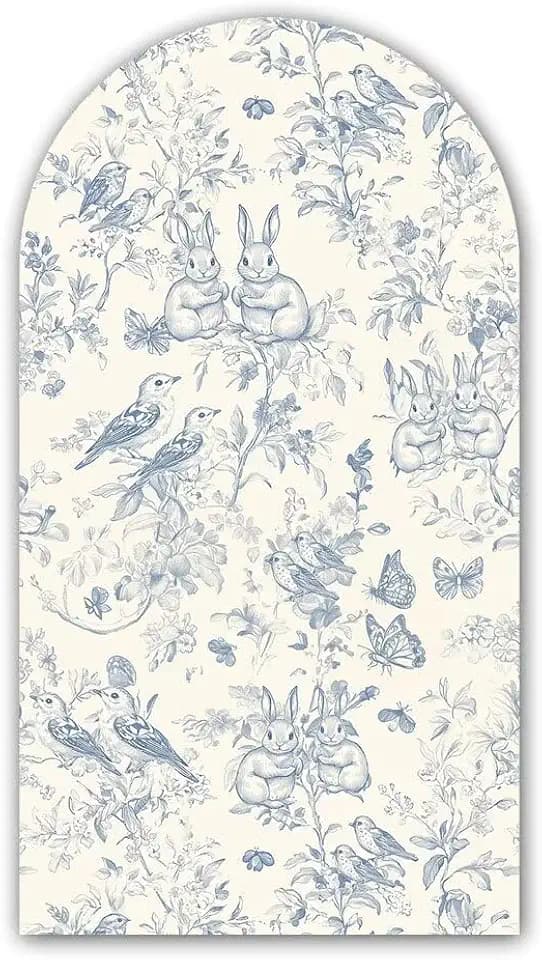 French Vintage Bunny and Floral Arch Backdrop Cover Blue Toile de Jouy Arch Spandex Covers Wedding Bridal Shower Birthday Easter Parties Decorations (No Stand!)