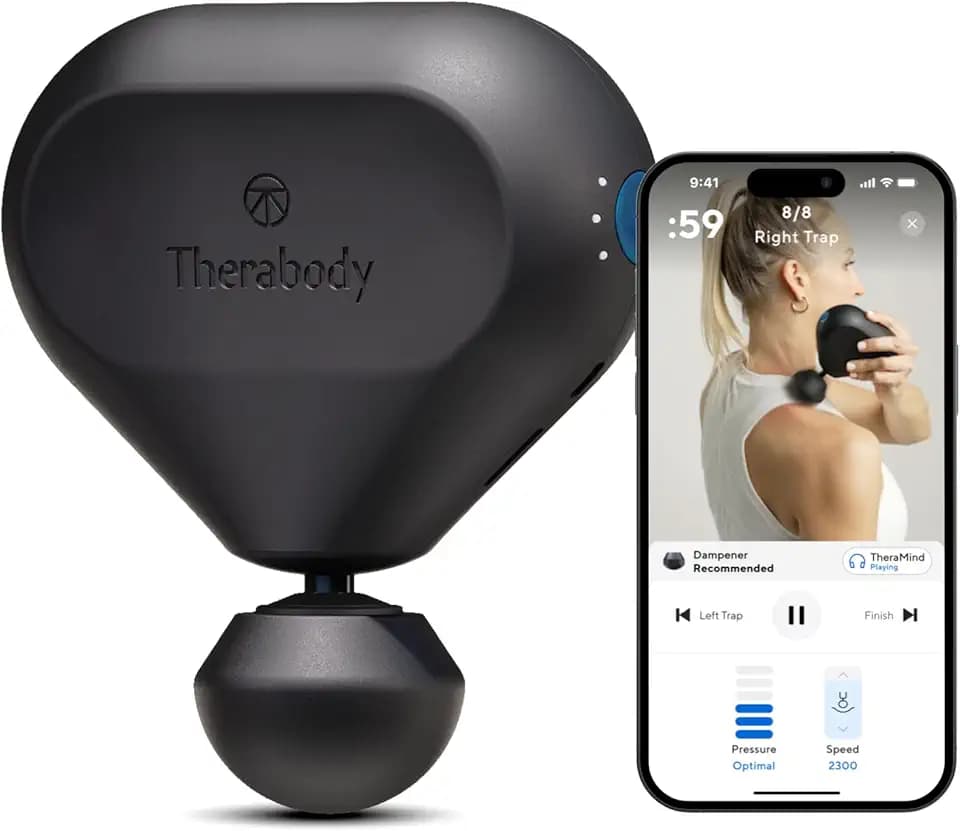 Theragun Mini 2.0 – Elektrische Handmassagepistole – Kompakte Tiefengewebebehandlung für unterwegs – Tragbares perkussives Massagegerät mit QuietForce Technology + 3 Schaumstoffaufsätze – schwarz