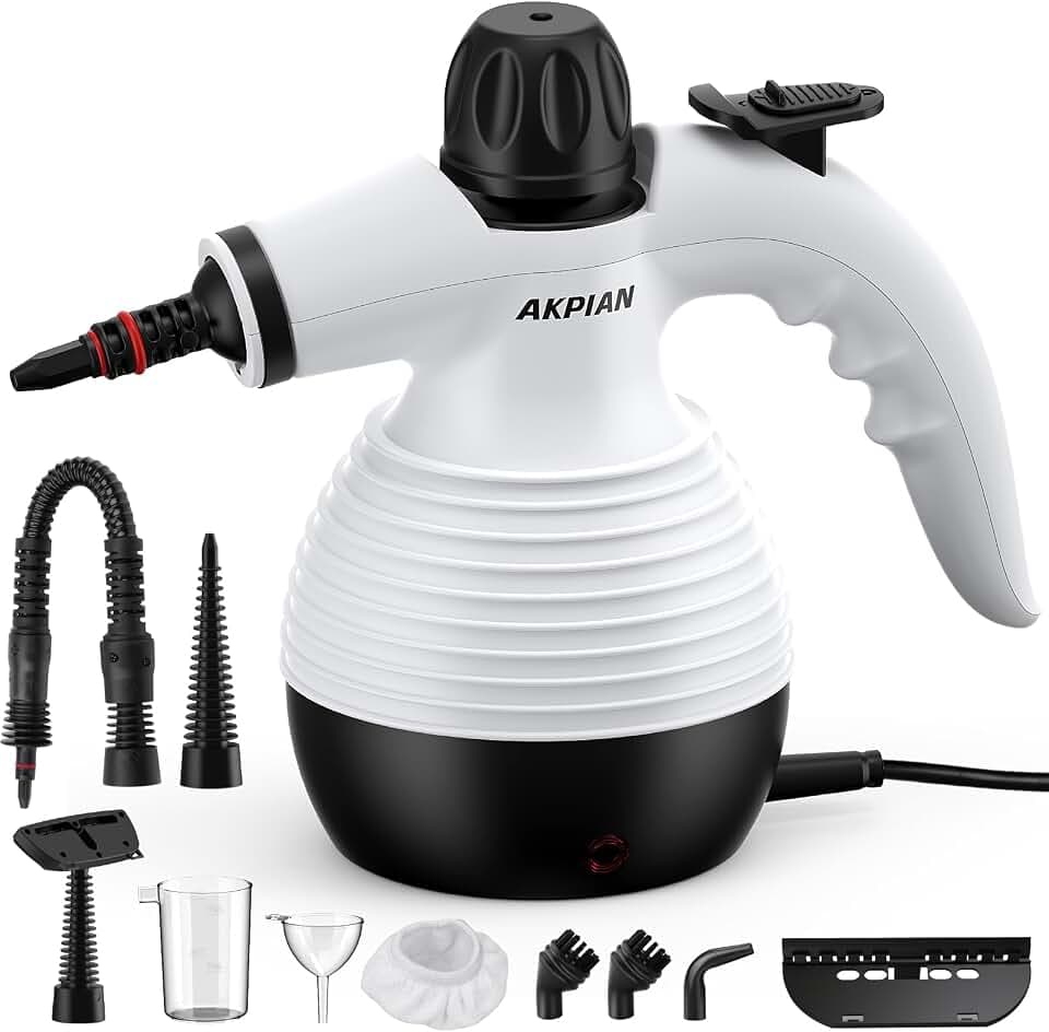 Handdampfreiniger 1050W, 10-teiliges Zubehörset, multifunktionaler Dampfreiniger, zur chemiefreien Reinigung von Fliesenfugen, Fenstern, Herdplatten, Badezimmern & Autos