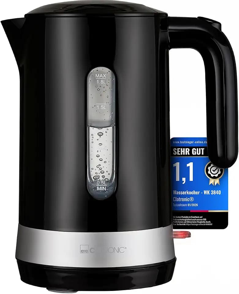 Clatronic® Wasserkocher 1,8L | 2200W für schnelles Erhitzen | BPA frei | Einhandbedienung | Wasserstandsanzeige | 360° drehbarer Sockel mit Kabelaufwicklung | Kettle | WK 3840 schwarz