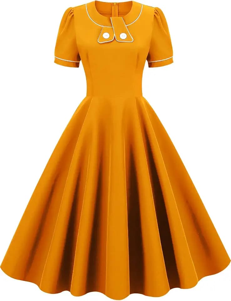 AXOE Damen Vintage Kleid 50er Rockabilly Swing Kurzarm