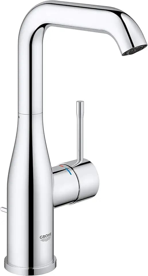 GROHE Essence, Waschtischarmatur hoch, wassersparend (Wasserhahn für das Bad, Badarmatur mit Zugstangen-Ablauf, 24cm hoch, langlebige Oberfläche, einfache Installation am Waschbecken), chrom, 32628001