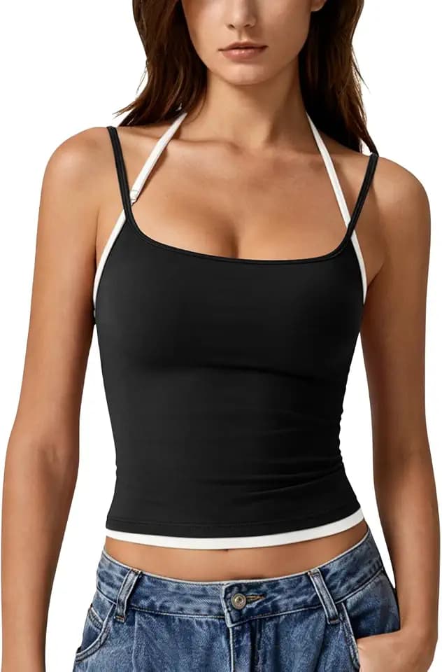 QINSEN Women's Spaghetti Strap Tank Top Slim Fitting Layered Halter Neck Sleeveless Crop Cami Shirt