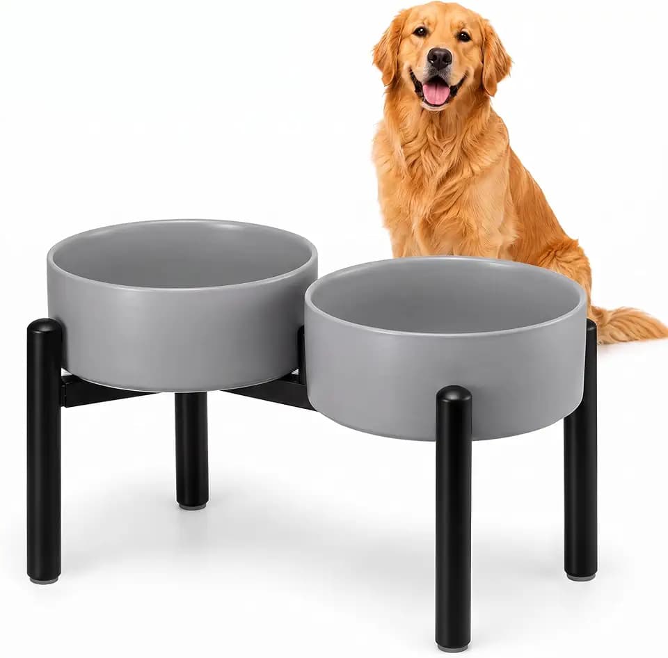 Hundenapf erhöht Keramik – Erhöhter Futternapf für Hund mit Rutschfester Napferhöhung – Fressnapf und Wassernapf Set für große Hunde – für Trockenfutter, Nassfutter & Dosenfutter – 1750 ml × 2 – Grau