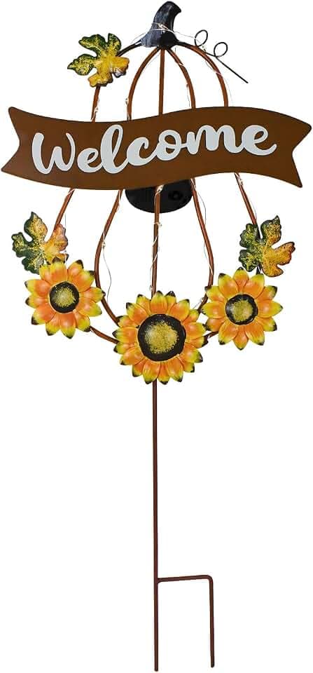 Solar Pumpkin Garden Stake with Lights Welcome Yard Sign with Sunflowers