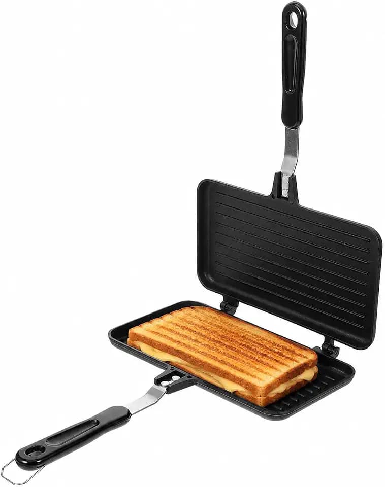UPKOCH Doppelseitige Sandwich Maker Bratpfanne, Antihaft Toastpfanne für Gasherd & Camping, Waffeleisen Toaster Grill für Frühstück, Panini, Omelett, Wendepfanne Aluminium Schwarz (23x13cm)