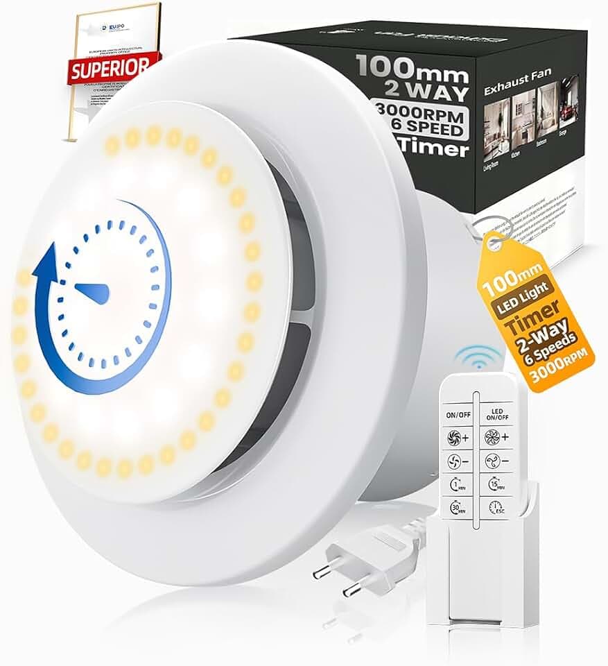 100mm Badlüfter mit Nachlauf & LED Beleuchtung,3000U/min 220m³/h,2 Wege 6 Drehstufen mit Anzeigelampen & Fernbedienung,Starke Luftleistung,2W DC Motor,Einfach Installieren