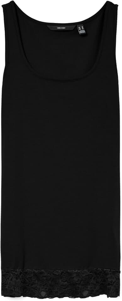 VERO MODA Damen T-Shirt Tanktop mit Spitzenabschluss am Saum U-Ausschnitt