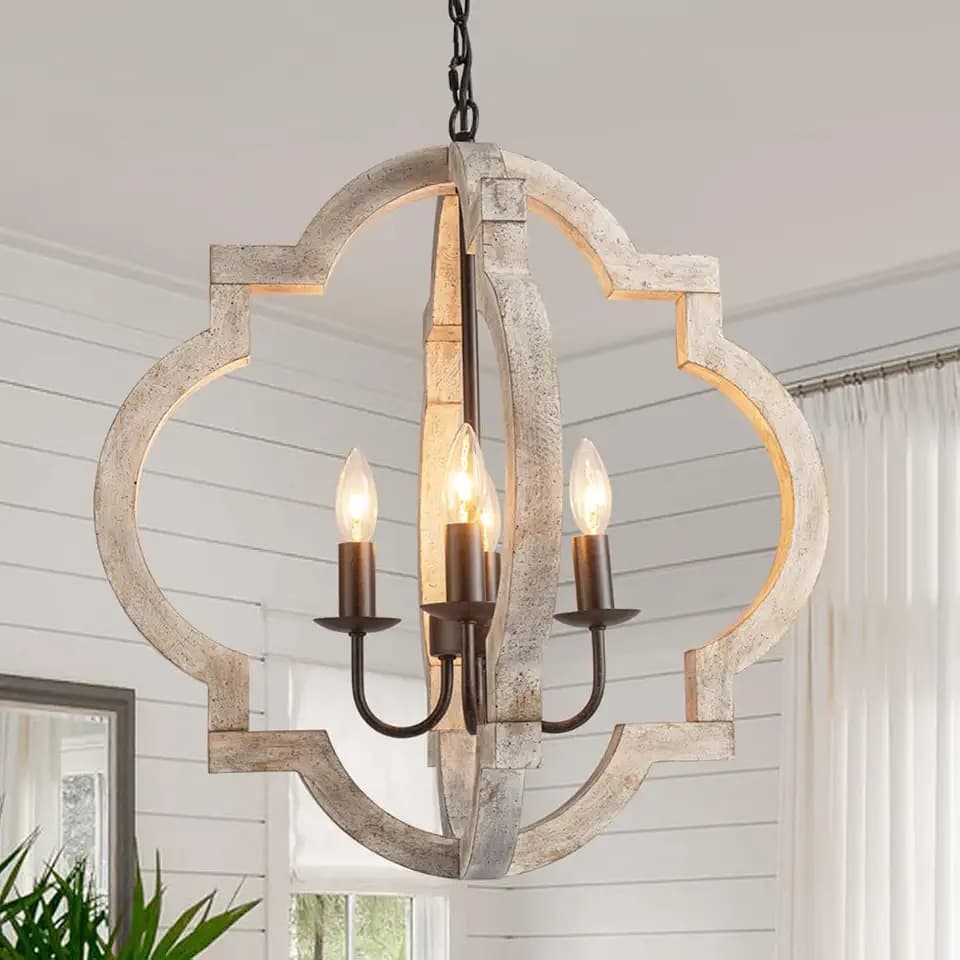 Farmhouse Wood Chandelier 22" Rustic Orb Chandelier Ceiling Pendant Light for Dining Room 4-Light Candle Pendant Light with Chain for Foyer Entryway Bedroom Kitchen Island