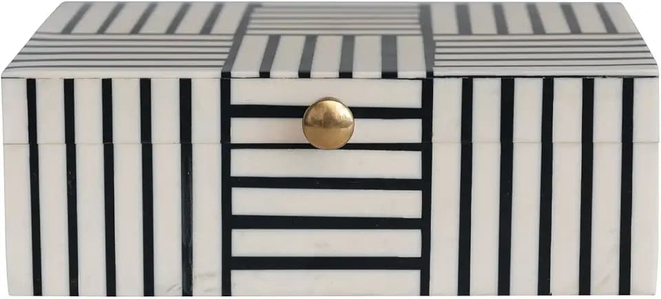 Bloomingville Plastic Storage Box with Striped Block Pattern and Gold Knob, Black and White