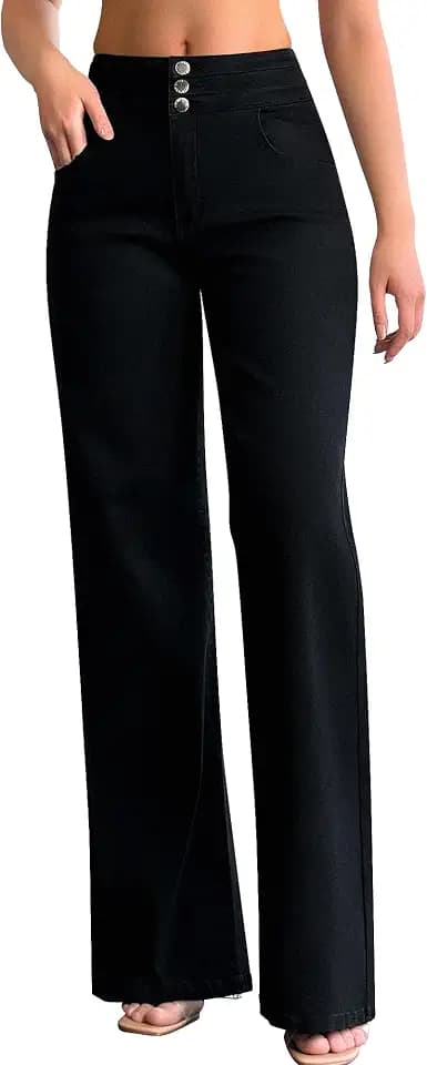 roswear Damen Jeans mit weitem Bein, leger, hohe Taille, Stretch, lockere Denim-Hose