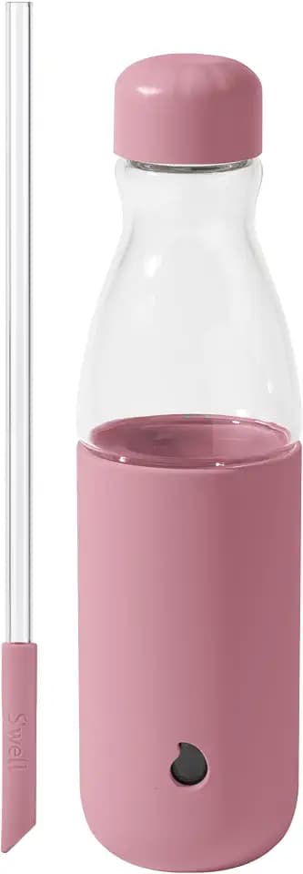 S'well Glass Original Water Bottle With Straw, 18oz, Dusty Pink, Borosilicate Glass Bottle With Collapsible Glass Straw And Silicone Sleeve, Zero Plastic, Leakproof, BPA Free