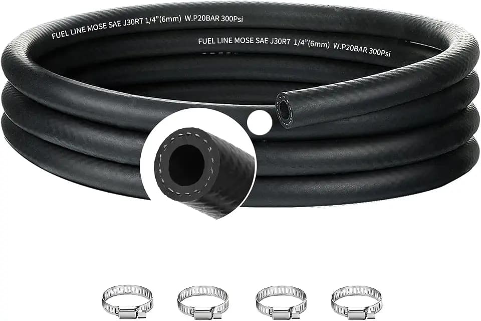 1/4 Inch (6mm) ID Fuel Line,5FT NBR Rubber Push Lock Hose with 4 Clamps, 300PSI High Pressure for Automotive Fuel Systems & Small Engines SAE 30R7
