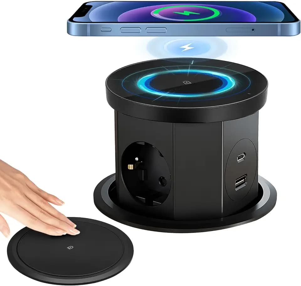 Versenkbare Steckdose 3 Fach mit 1 USB C 1 USB-A, Arbeitsplatte Küche Versenkbare Tischsteckdose mit Kabellosem Ladegerät 1,5M Kabel für Büro Küche Tischsteckdosenleiste Einbausteckdose (Schwarz)