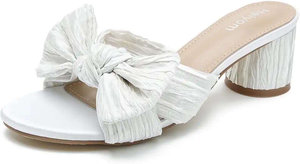 Heiyom Women's Bowknot Low Chunky Heels Mules Sandals Slip on Pleated Bow Heels Wedding Bridal Party Dress Shoes